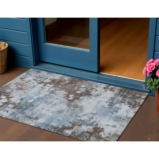 Sky Blue And Brown Abstract Washable Indoor Outdoor Area Rug Photo 1