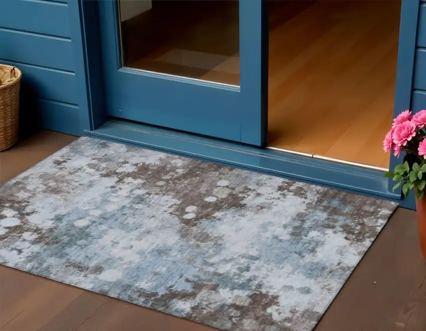 Sky Blue And Brown Abstract Washable Indoor Outdoor Area Rug Photo 1