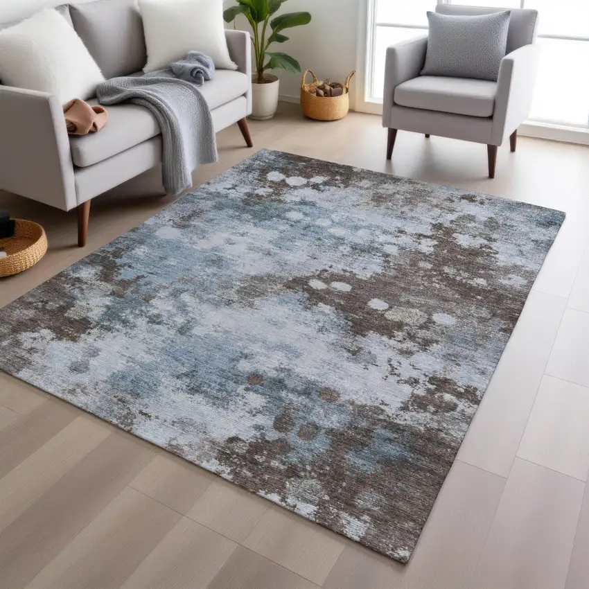 Sky Blue And Brown Abstract Washable Indoor Outdoor Area Rug Photo 5
