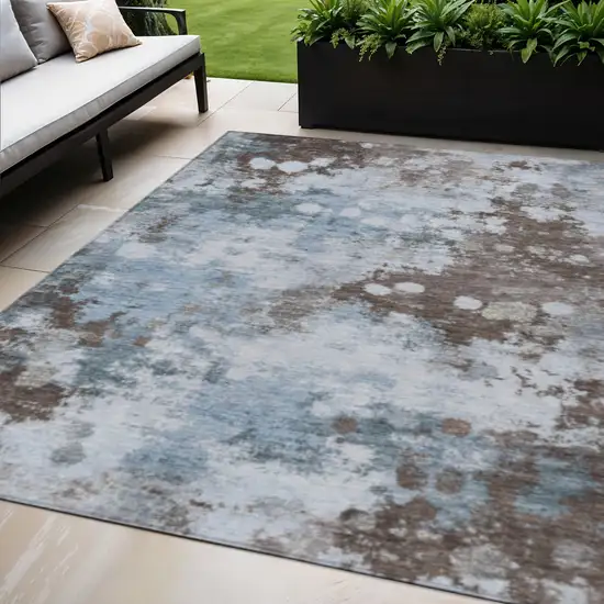 Sky Blue And Brown Abstract Washable Indoor Outdoor Area Rug Photo 2