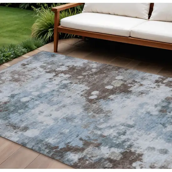 Sky Blue And Brown Abstract Washable Indoor Outdoor Area Rug Photo 2