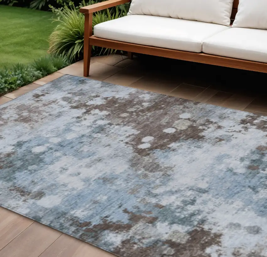 Sky Blue And Brown Abstract Washable Indoor Outdoor Area Rug Photo 2