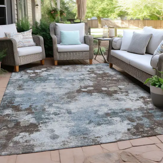 Sky Blue And Brown Abstract Washable Indoor Outdoor Area Rug Photo 3