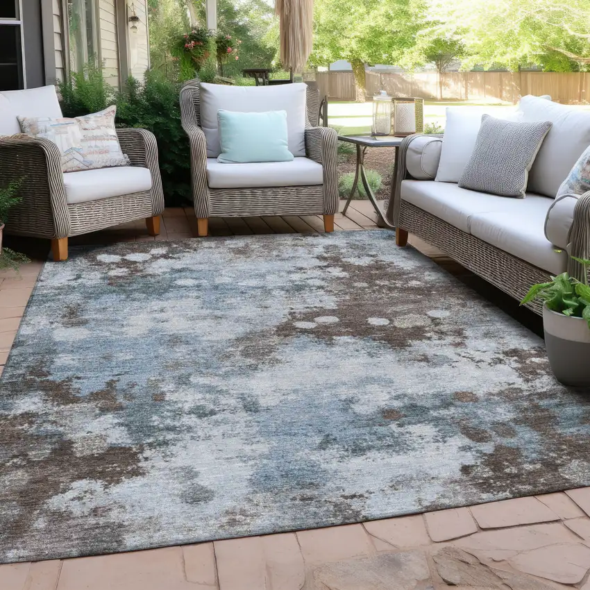 Sky Blue And Brown Abstract Washable Indoor Outdoor Area Rug Photo 3
