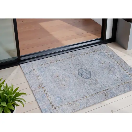 Sky Blue And Brown Medallion Washable Indoor Outdoor Area Rug Photo 1