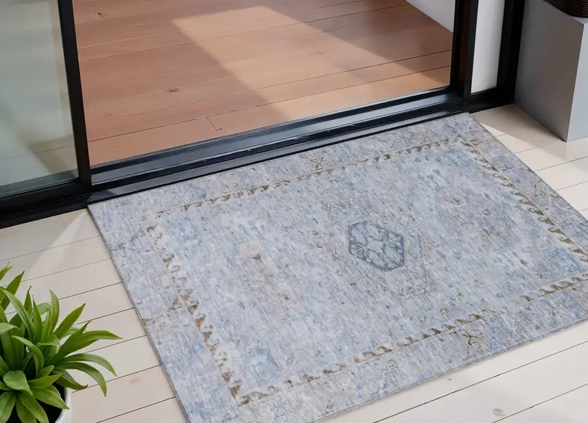 Sky Blue And Brown Medallion Washable Indoor Outdoor Area Rug Photo 1