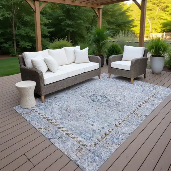 Sky Blue And Brown Medallion Washable Indoor Outdoor Area Rug Photo 7
