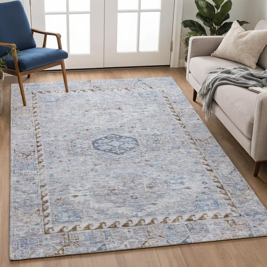 Sky Blue And Brown Medallion Washable Indoor Outdoor Area Rug Photo 5
