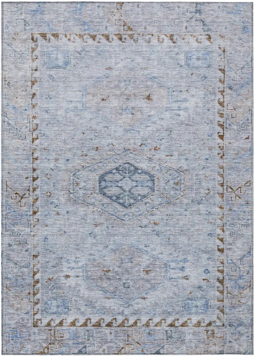 Sky Blue And Brown Medallion Washable Indoor Outdoor Area Rug Photo 1