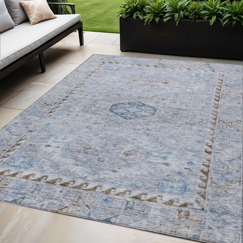 Sky Blue And Brown Medallion Washable Indoor Outdoor Area Rug Photo 1