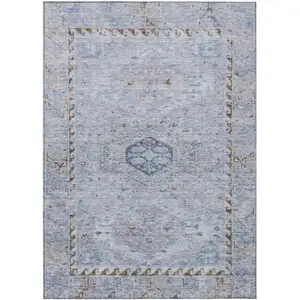 Photo of Sky Blue And Brown Medallion Washable Indoor Outdoor Area Rug