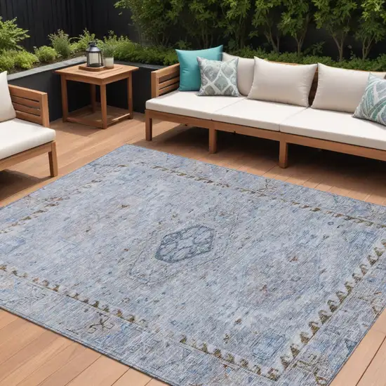 Sky Blue And Brown Medallion Washable Indoor Outdoor Area Rug Photo 1
