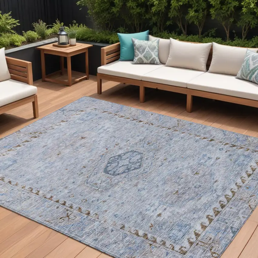 Sky Blue And Brown Medallion Washable Indoor Outdoor Area Rug Photo 1