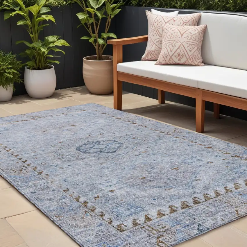 Sky Blue And Brown Medallion Washable Indoor Outdoor Area Rug Photo 1