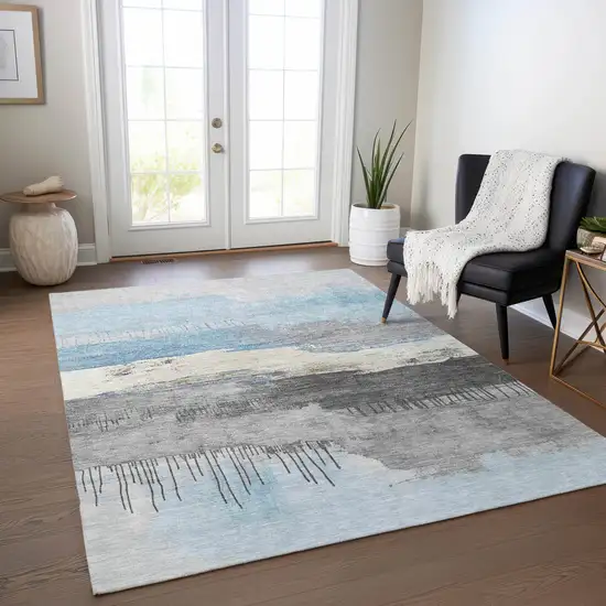 Sky Blue And Charcoal Abstract Washable Indoor Outdoor Area Rug Photo 5