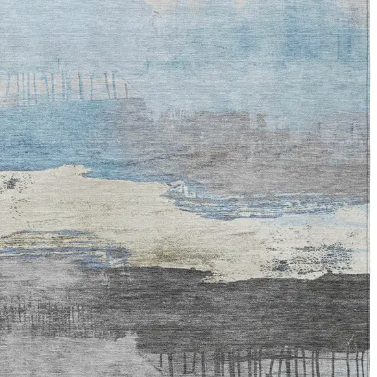 Sky Blue And Charcoal Abstract Washable Indoor Outdoor Area Rug Photo 1