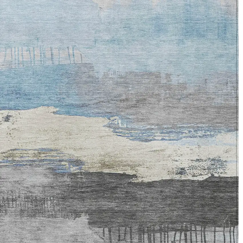 Sky Blue And Charcoal Abstract Washable Indoor Outdoor Area Rug Photo 1