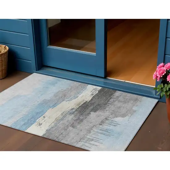Sky Blue And Charcoal Abstract Washable Indoor Outdoor Area Rug Photo 2