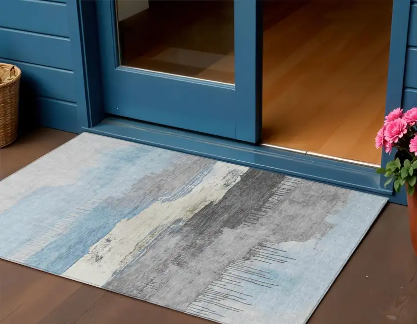 Sky Blue And Charcoal Abstract Washable Indoor Outdoor Area Rug Photo 2