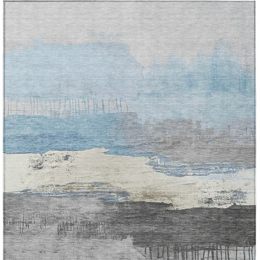 Sky Blue And Charcoal Abstract Washable Indoor Outdoor Area Rug Photo 8