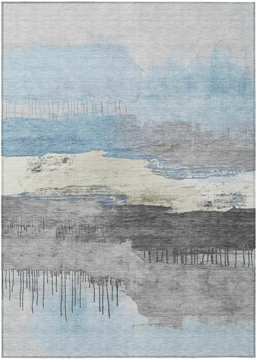 Sky Blue And Charcoal Abstract Washable Indoor Outdoor Area Rug Photo 7