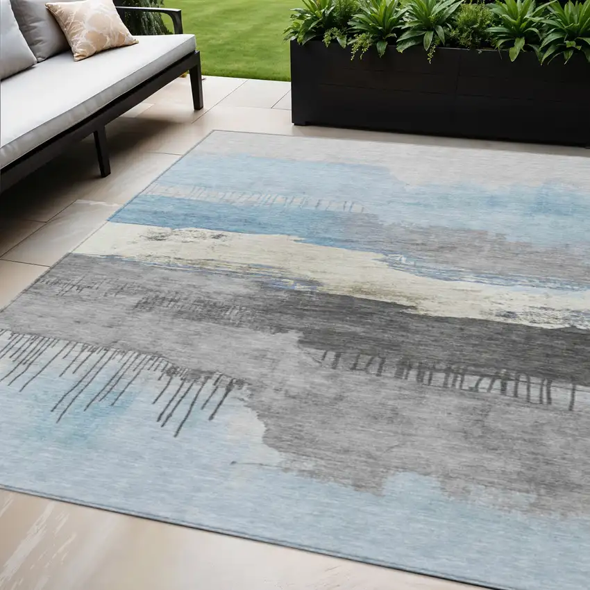 Sky Blue And Charcoal Abstract Washable Indoor Outdoor Area Rug Photo 2