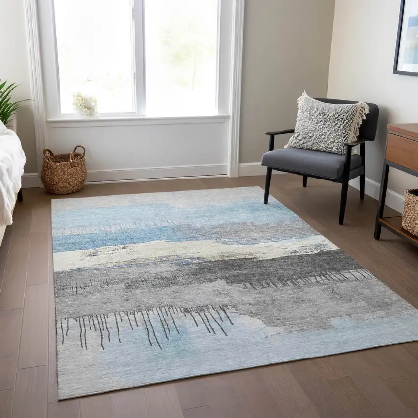 Sky Blue And Charcoal Abstract Washable Indoor Outdoor Area Rug Photo 6