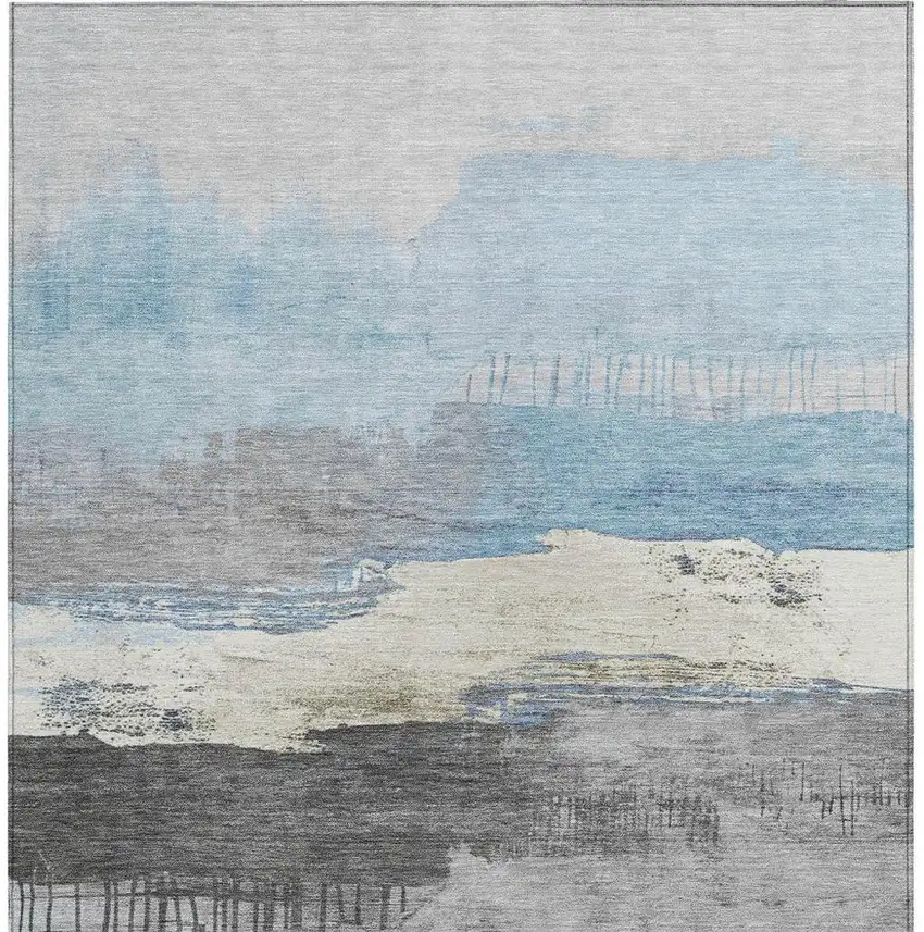 Sky Blue And Charcoal Abstract Washable Indoor Outdoor Area Rug Photo 3