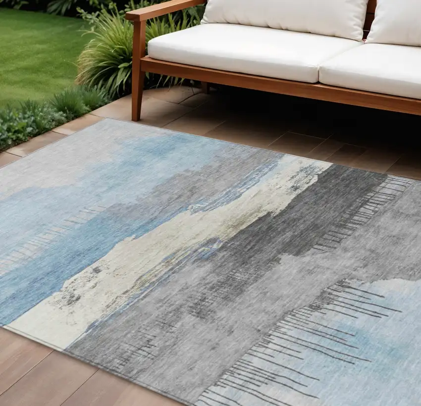 Sky Blue And Charcoal Abstract Washable Indoor Outdoor Area Rug Photo 2
