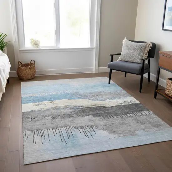 Sky Blue And Charcoal Abstract Washable Indoor Outdoor Area Rug Photo 6