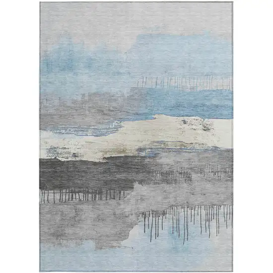 Sky Blue And Charcoal Abstract Washable Indoor Outdoor Area Rug Photo 1