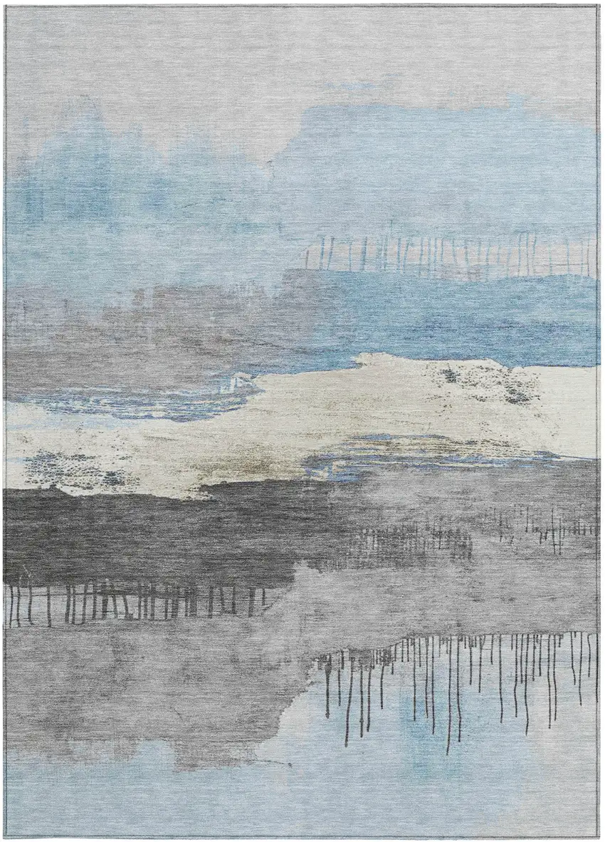 Sky Blue And Charcoal Abstract Washable Indoor Outdoor Area Rug Photo 1