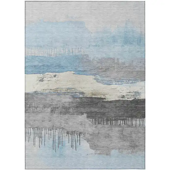 Sky Blue And Charcoal Abstract Washable Indoor Outdoor Area Rug Photo 7
