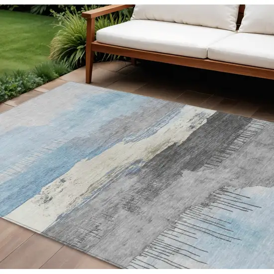 Sky Blue And Charcoal Abstract Washable Indoor Outdoor Area Rug Photo 2