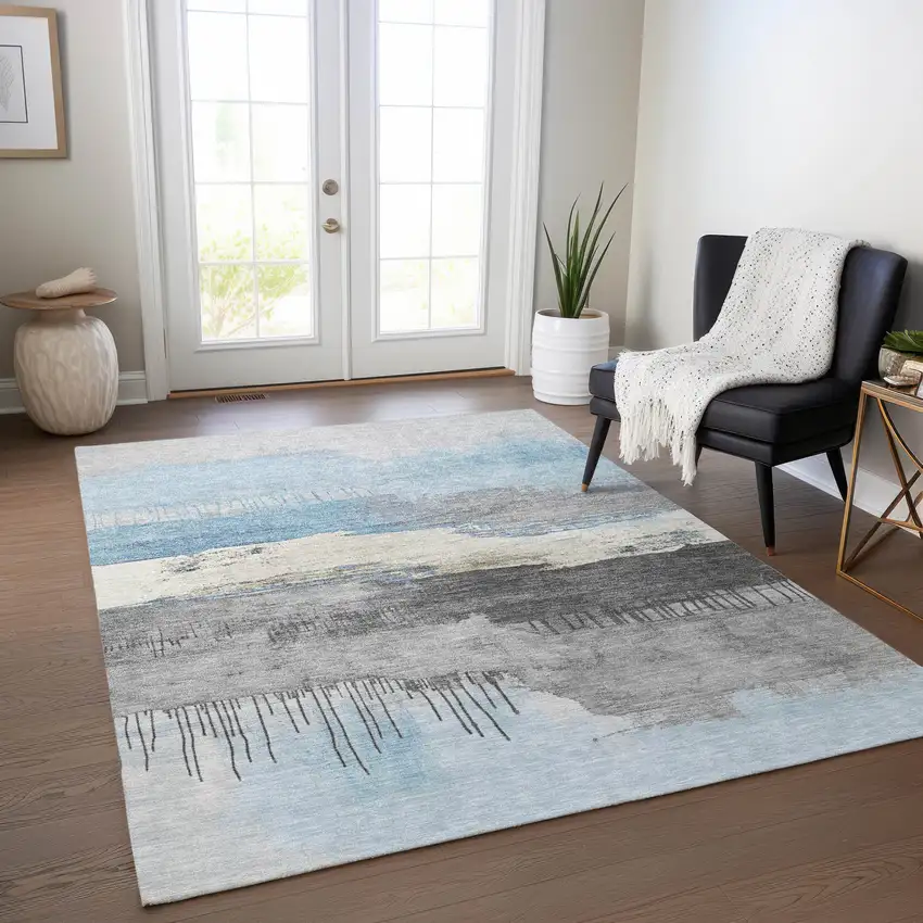 Sky Blue And Charcoal Abstract Washable Indoor Outdoor Area Rug Photo 5