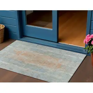 Photo of Sky Blue And Copper Abstract Washable Indoor Outdoor Area Rug