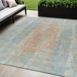 Photo of Sky Blue And Copper Abstract Washable Indoor Outdoor Area Rug