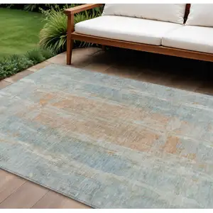 Photo of Sky Blue And Copper Abstract Washable Indoor Outdoor Area Rug