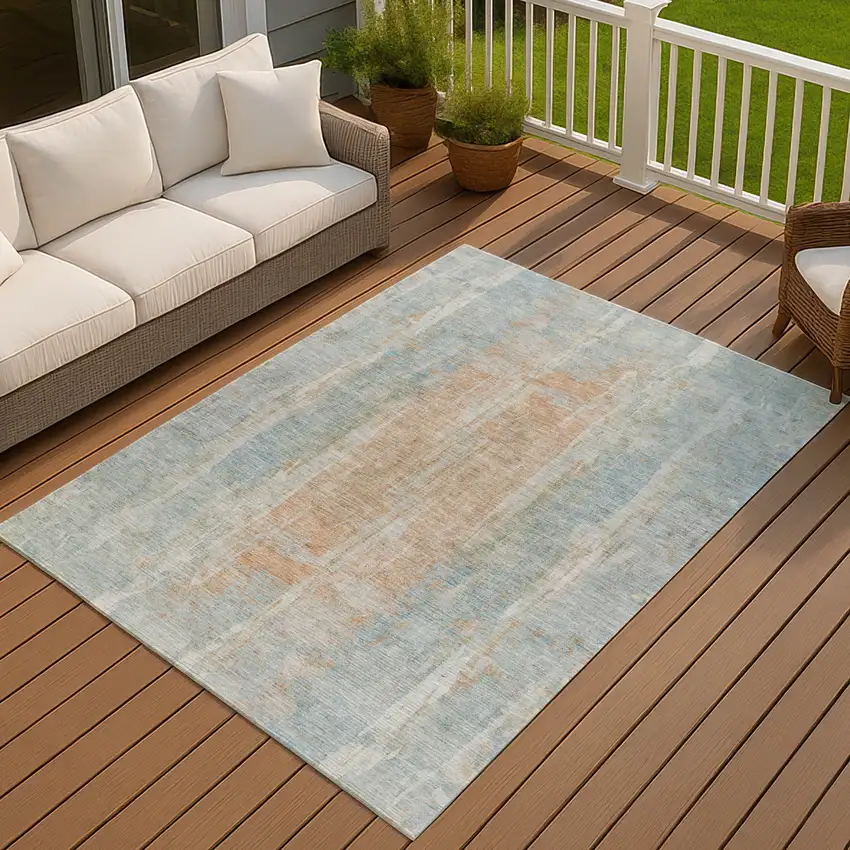 Sky Blue And Copper Abstract Washable Indoor Outdoor Area Rug Photo 6