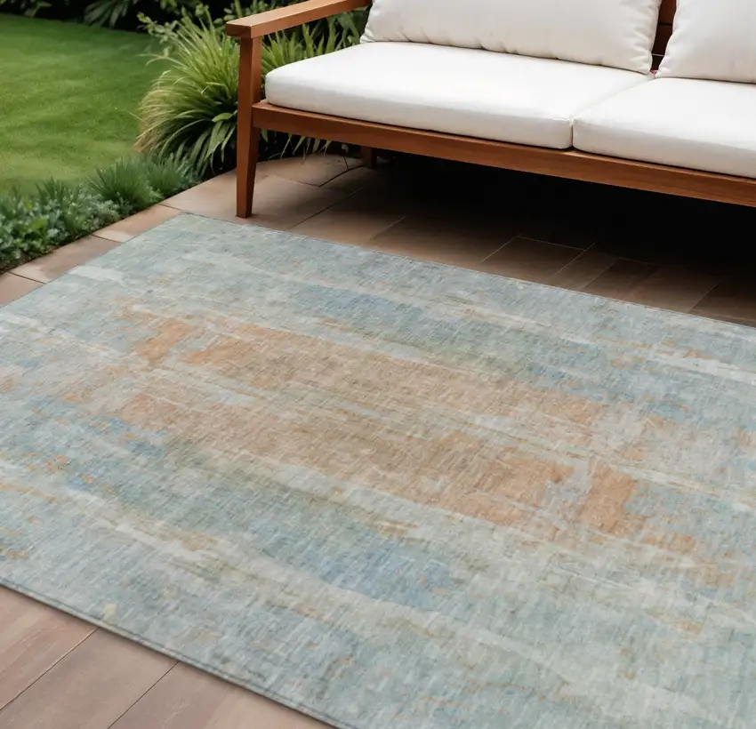 Sky Blue And Copper Abstract Washable Indoor Outdoor Area Rug Photo 1