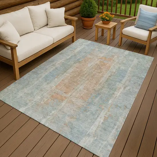 Sky Blue And Copper Abstract Washable Indoor Outdoor Area Rug Photo 9
