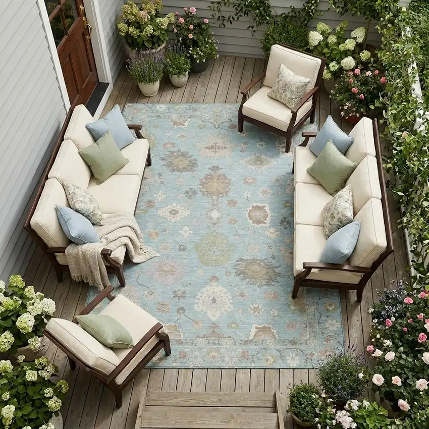 Sky Blue And Copper Oriental Washable Indoor Outdoor Area Rug Photo 1