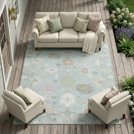 Sky Blue And Copper Oriental Washable Indoor Outdoor Area Rug Photo 1