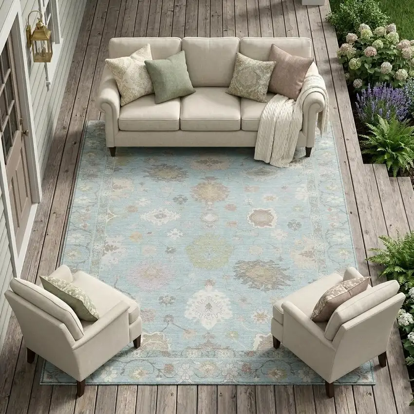Sky Blue And Copper Oriental Washable Indoor Outdoor Area Rug Photo 1