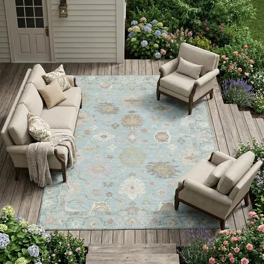 Sky Blue And Copper Oriental Washable Indoor Outdoor Area Rug Photo 1