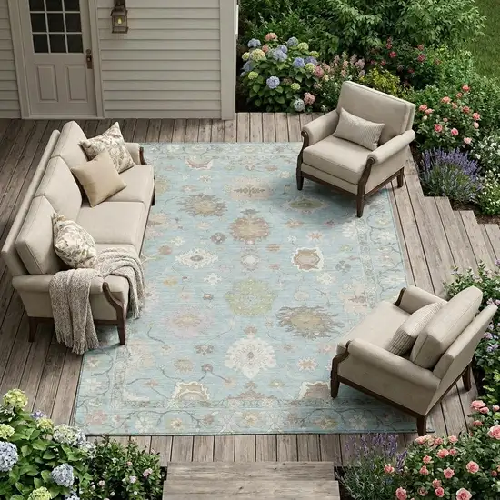 Sky Blue And Copper Oriental Washable Indoor Outdoor Area Rug Photo 1