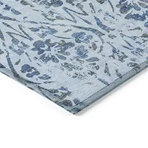 Photo of Sky Blue And Dark Blue Floral Washable Indoor Outdoor Area Rug