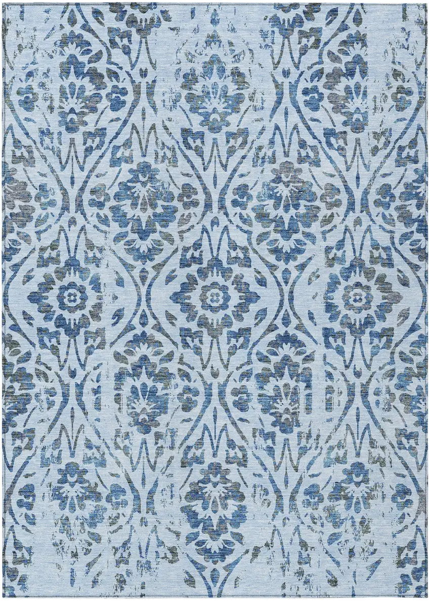 Sky Blue And Dark Blue Floral Washable Indoor Outdoor Area Rug Photo 2