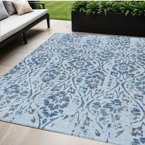 Photo of Sky Blue And Dark Blue Floral Washable Indoor Outdoor Area Rug