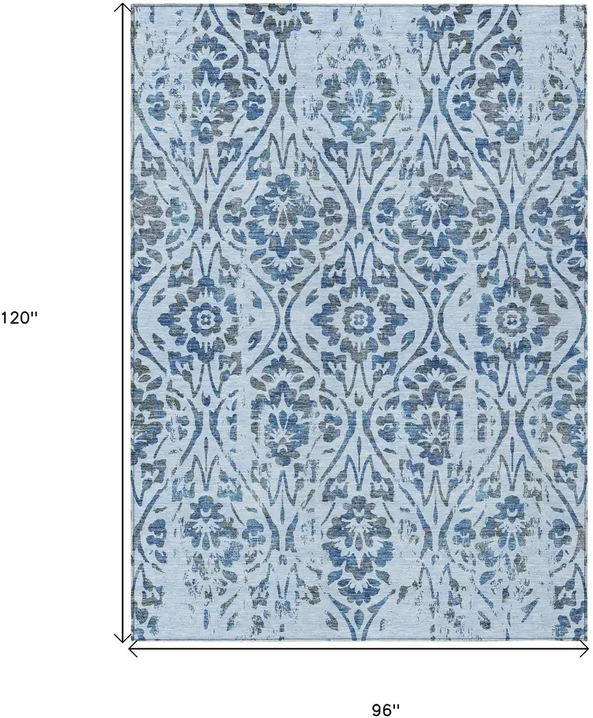 Sky Blue And Dark Blue Floral Washable Indoor Outdoor Area Rug Photo 3